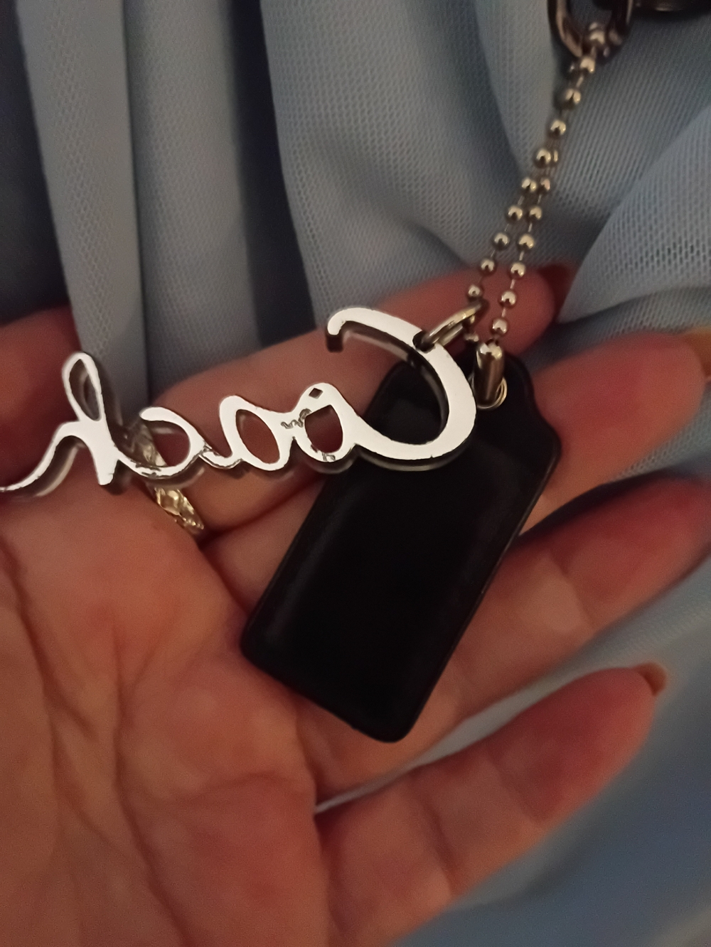 Coach Black Gloss Tag Keychain with Silver Chain
